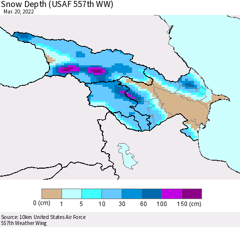 Azerbaijan, Armenia and Georgia Snow Depth (USAF 557th WW) Thematic Map For 3/14/2022 - 3/20/2022