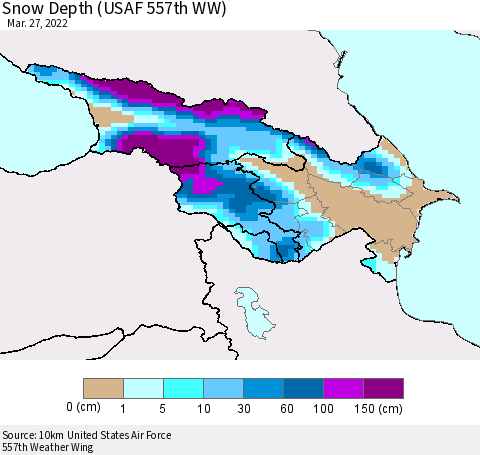 Azerbaijan, Armenia and Georgia Snow Depth (USAF 557th WW) Thematic Map For 3/21/2022 - 3/27/2022