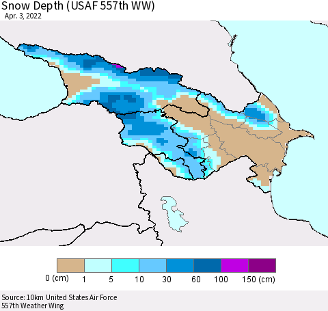 Azerbaijan, Armenia and Georgia Snow Depth (USAF 557th WW) Thematic Map For 3/28/2022 - 4/3/2022