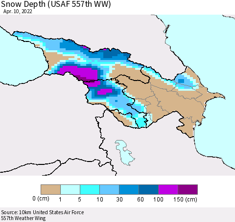 Azerbaijan, Armenia and Georgia Snow Depth (USAF 557th WW) Thematic Map For 4/4/2022 - 4/10/2022