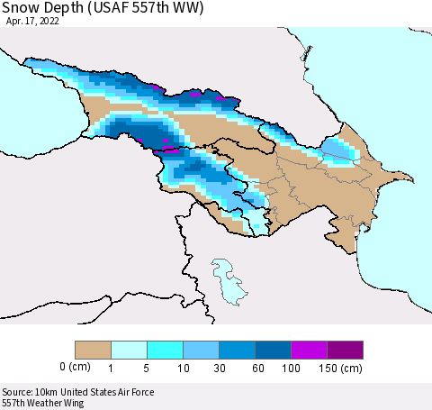 Azerbaijan, Armenia and Georgia Snow Depth (USAF 557th WW) Thematic Map For 4/11/2022 - 4/17/2022