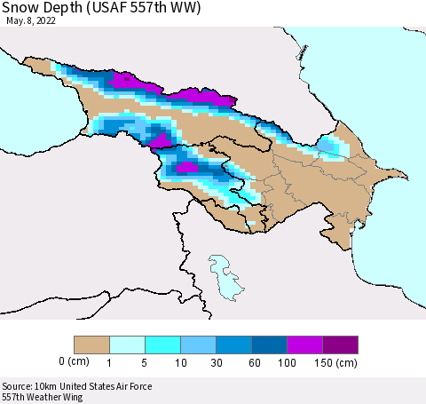 Azerbaijan, Armenia and Georgia Snow Depth (USAF 557th WW) Thematic Map For 5/2/2022 - 5/8/2022