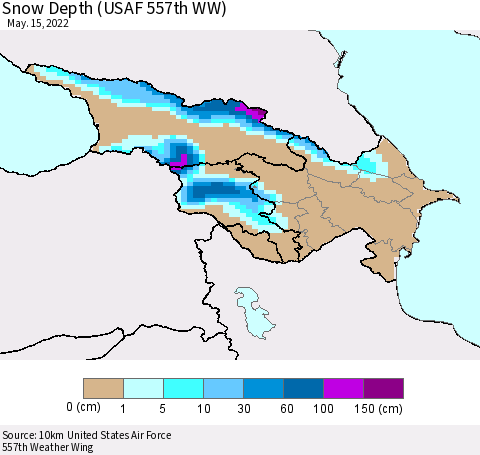 Azerbaijan, Armenia and Georgia Snow Depth (USAF 557th WW) Thematic Map For 5/9/2022 - 5/15/2022