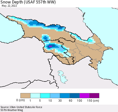 Azerbaijan, Armenia and Georgia Snow Depth (USAF 557th WW) Thematic Map For 5/16/2022 - 5/22/2022