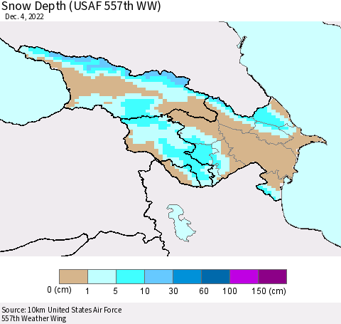 Azerbaijan, Armenia and Georgia Snow Depth (USAF 557th WW) Thematic Map For 11/28/2022 - 12/4/2022