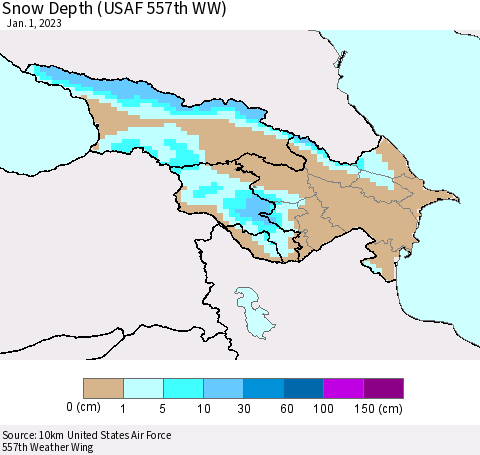 Azerbaijan, Armenia and Georgia Snow Depth (USAF 557th WW) Thematic Map For 12/26/2022 - 1/1/2023