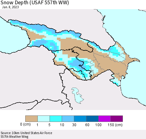 Azerbaijan, Armenia and Georgia Snow Depth (USAF 557th WW) Thematic Map For 1/2/2023 - 1/8/2023