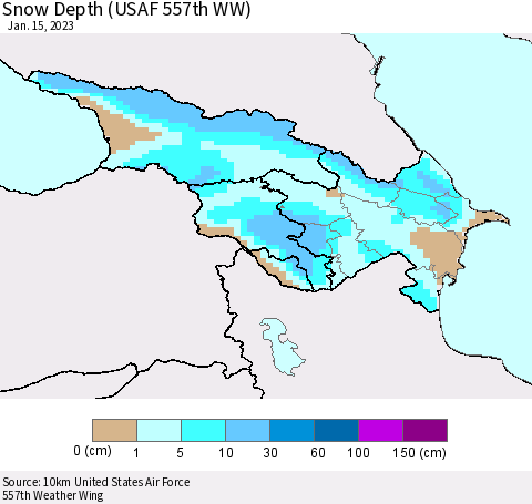 Azerbaijan, Armenia and Georgia Snow Depth (USAF 557th WW) Thematic Map For 1/9/2023 - 1/15/2023