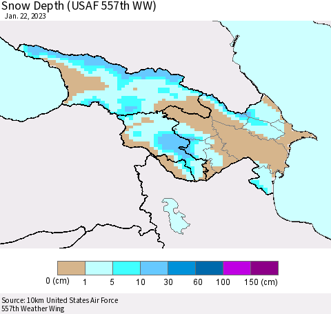 Azerbaijan, Armenia and Georgia Snow Depth (USAF 557th WW) Thematic Map For 1/16/2023 - 1/22/2023