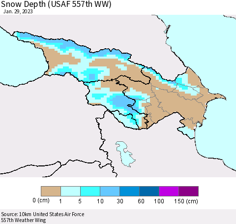 Azerbaijan, Armenia and Georgia Snow Depth (USAF 557th WW) Thematic Map For 1/23/2023 - 1/29/2023