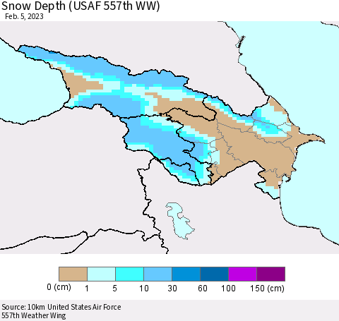 Azerbaijan, Armenia and Georgia Snow Depth (USAF 557th WW) Thematic Map For 1/30/2023 - 2/5/2023