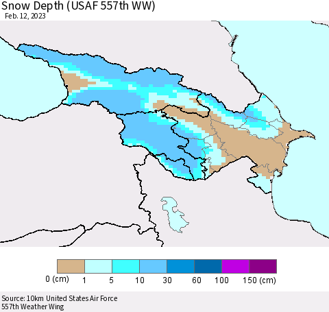 Azerbaijan, Armenia and Georgia Snow Depth (USAF 557th WW) Thematic Map For 2/6/2023 - 2/12/2023