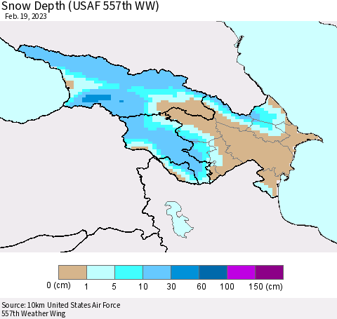 Azerbaijan, Armenia and Georgia Snow Depth (USAF 557th WW) Thematic Map For 2/13/2023 - 2/19/2023