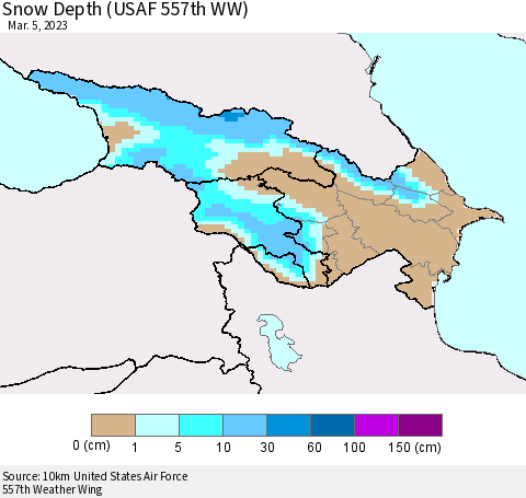 Azerbaijan, Armenia and Georgia Snow Depth (USAF 557th WW) Thematic Map For 2/27/2023 - 3/5/2023