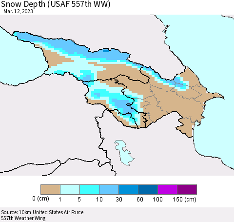 Azerbaijan, Armenia and Georgia Snow Depth (USAF 557th WW) Thematic Map For 3/6/2023 - 3/12/2023