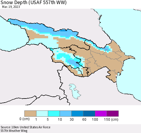 Azerbaijan, Armenia and Georgia Snow Depth (USAF 557th WW) Thematic Map For 3/13/2023 - 3/19/2023