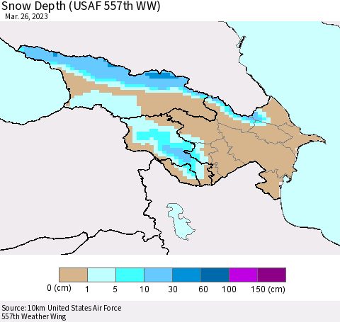 Azerbaijan, Armenia and Georgia Snow Depth (USAF 557th WW) Thematic Map For 3/20/2023 - 3/26/2023