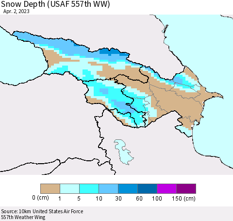 Azerbaijan, Armenia and Georgia Snow Depth (USAF 557th WW) Thematic Map For 3/27/2023 - 4/2/2023
