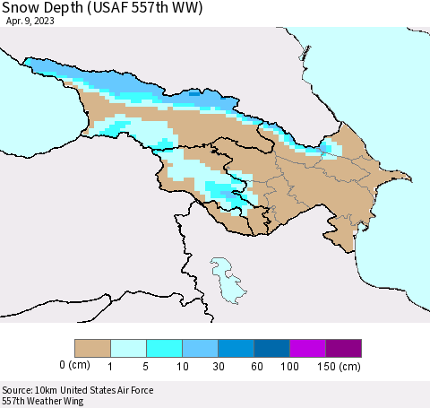 Azerbaijan, Armenia and Georgia Snow Depth (USAF 557th WW) Thematic Map For 4/3/2023 - 4/9/2023