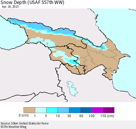 Azerbaijan, Armenia and Georgia Snow Depth (USAF 557th WW) Thematic Map For 4/10/2023 - 4/16/2023