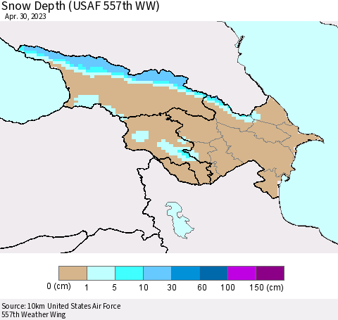 Azerbaijan, Armenia and Georgia Snow Depth (USAF 557th WW) Thematic Map For 4/24/2023 - 4/30/2023