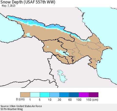 Azerbaijan, Armenia and Georgia Snow Depth (USAF 557th WW) Thematic Map For 5/1/2023 - 5/7/2023