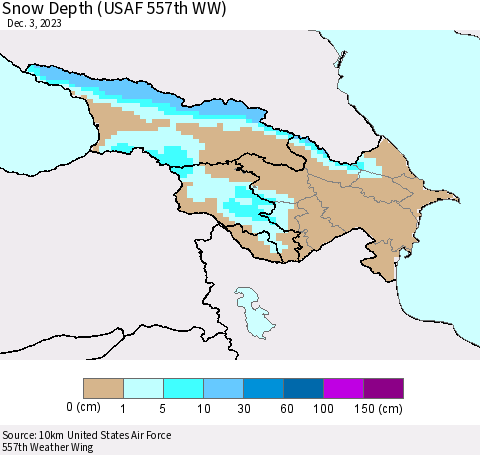 Azerbaijan, Armenia and Georgia Snow Depth (USAF 557th WW) Thematic Map For 11/27/2023 - 12/3/2023
