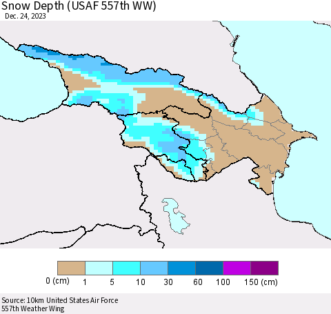 Azerbaijan, Armenia and Georgia Snow Depth (USAF 557th WW) Thematic Map For 12/18/2023 - 12/24/2023