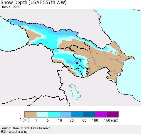 Azerbaijan, Armenia and Georgia Snow Depth (USAF 557th WW) Thematic Map For 12/25/2023 - 12/31/2023
