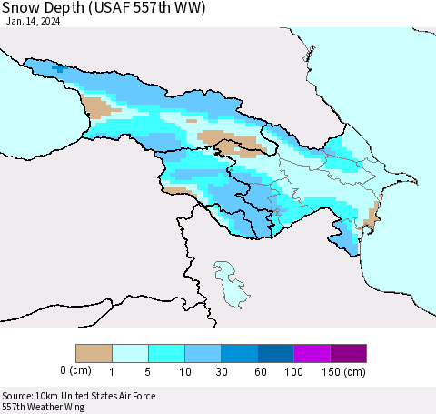 Azerbaijan, Armenia and Georgia Snow Depth (USAF 557th WW) Thematic Map For 1/8/2024 - 1/14/2024