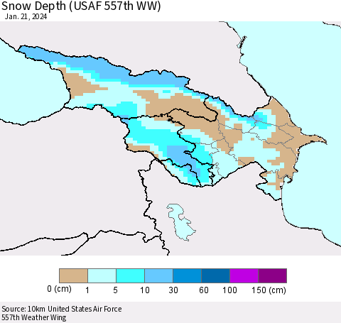 Azerbaijan, Armenia and Georgia Snow Depth (USAF 557th WW) Thematic Map For 1/15/2024 - 1/21/2024