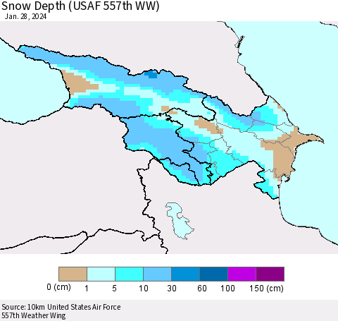Azerbaijan, Armenia and Georgia Snow Depth (USAF 557th WW) Thematic Map For 1/22/2024 - 1/28/2024