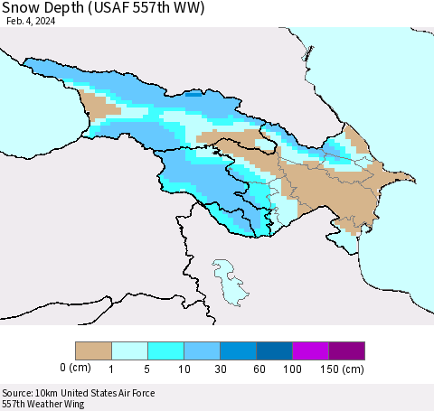 Azerbaijan, Armenia and Georgia Snow Depth (USAF 557th WW) Thematic Map For 1/29/2024 - 2/4/2024