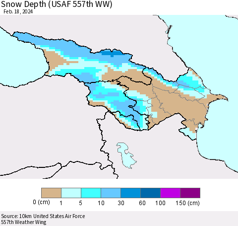 Azerbaijan, Armenia and Georgia Snow Depth (USAF 557th WW) Thematic Map For 2/12/2024 - 2/18/2024