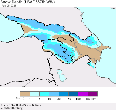 Azerbaijan, Armenia and Georgia Snow Depth (USAF 557th WW) Thematic Map For 2/19/2024 - 2/25/2024