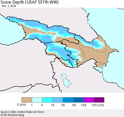 Azerbaijan, Armenia and Georgia Snow Depth (USAF 557th WW) Thematic Map For 2/26/2024 - 3/3/2024