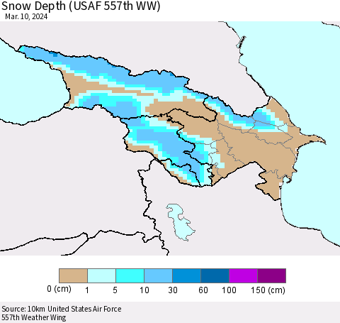 Azerbaijan, Armenia and Georgia Snow Depth (USAF 557th WW) Thematic Map For 3/4/2024 - 3/10/2024