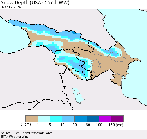 Azerbaijan, Armenia and Georgia Snow Depth (USAF 557th WW) Thematic Map For 3/11/2024 - 3/17/2024