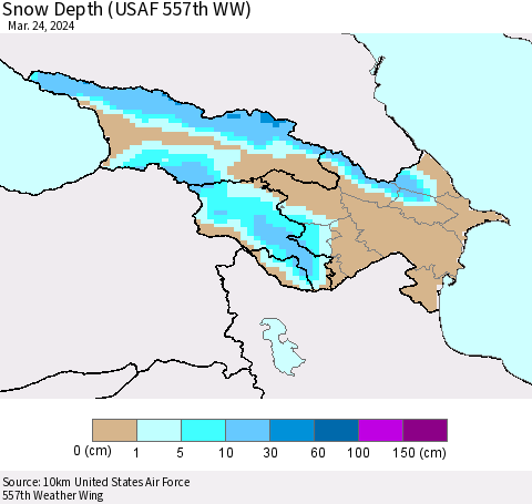 Azerbaijan, Armenia and Georgia Snow Depth (USAF 557th WW) Thematic Map For 3/18/2024 - 3/24/2024