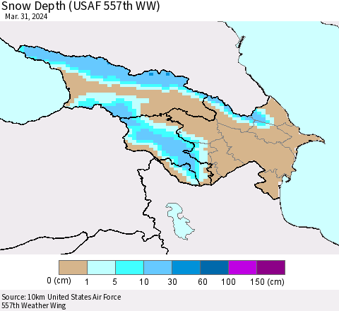 Azerbaijan, Armenia and Georgia Snow Depth (USAF 557th WW) Thematic Map For 3/25/2024 - 3/31/2024