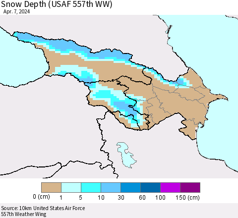 Azerbaijan, Armenia and Georgia Snow Depth (USAF 557th WW) Thematic Map For 4/1/2024 - 4/7/2024