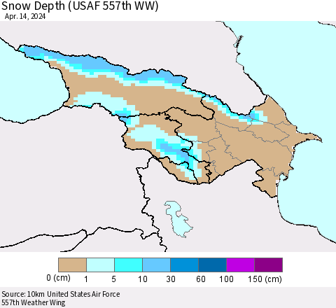 Azerbaijan, Armenia and Georgia Snow Depth (USAF 557th WW) Thematic Map For 4/8/2024 - 4/14/2024