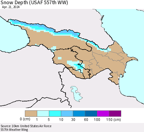 Azerbaijan, Armenia and Georgia Snow Depth (USAF 557th WW) Thematic Map For 4/15/2024 - 4/21/2024