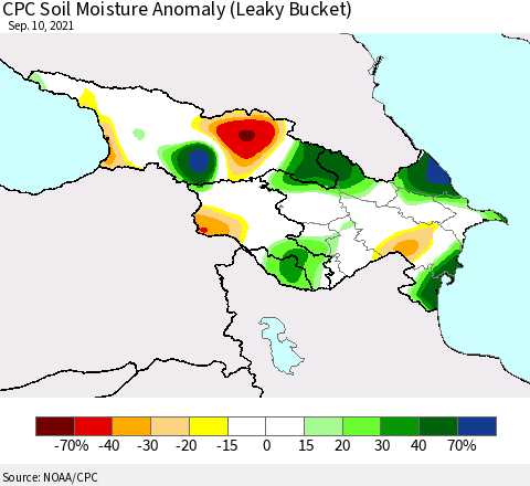 Azerbaijan, Armenia and Georgia CPC Soil Moisture Anomaly (Leaky Bucket) Thematic Map For 9/6/2021 - 9/10/2021