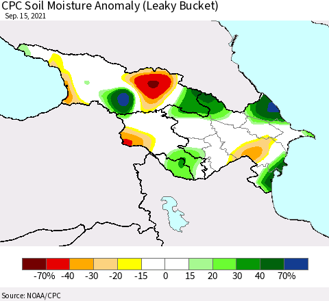 Azerbaijan, Armenia and Georgia CPC Soil Moisture Anomaly (Leaky Bucket) Thematic Map For 9/11/2021 - 9/15/2021