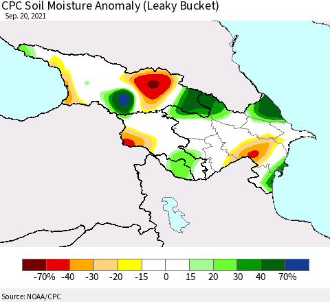Azerbaijan, Armenia and Georgia CPC Soil Moisture Anomaly (Leaky Bucket) Thematic Map For 9/16/2021 - 9/20/2021