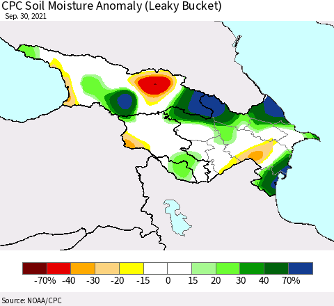 Azerbaijan, Armenia and Georgia CPC Soil Moisture Anomaly (Leaky Bucket) Thematic Map For 9/26/2021 - 9/30/2021