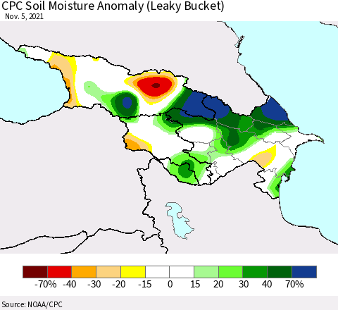 Azerbaijan, Armenia and Georgia CPC Soil Moisture Anomaly (Leaky Bucket) Thematic Map For 11/1/2021 - 11/5/2021