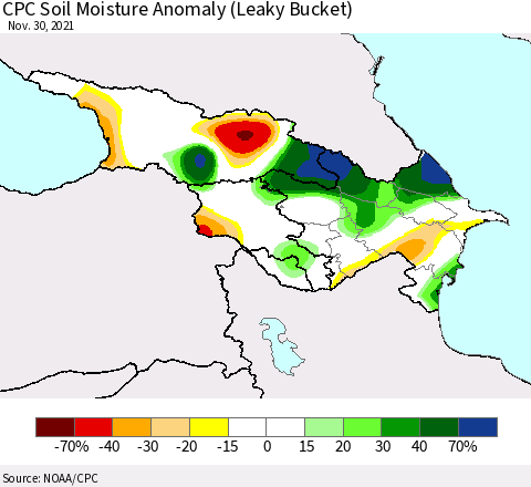 Azerbaijan, Armenia and Georgia CPC Soil Moisture Anomaly (Leaky Bucket) Thematic Map For 11/26/2021 - 11/30/2021