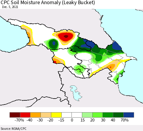 Azerbaijan, Armenia and Georgia CPC Soil Moisture Anomaly (Leaky Bucket) Thematic Map For 12/1/2021 - 12/5/2021